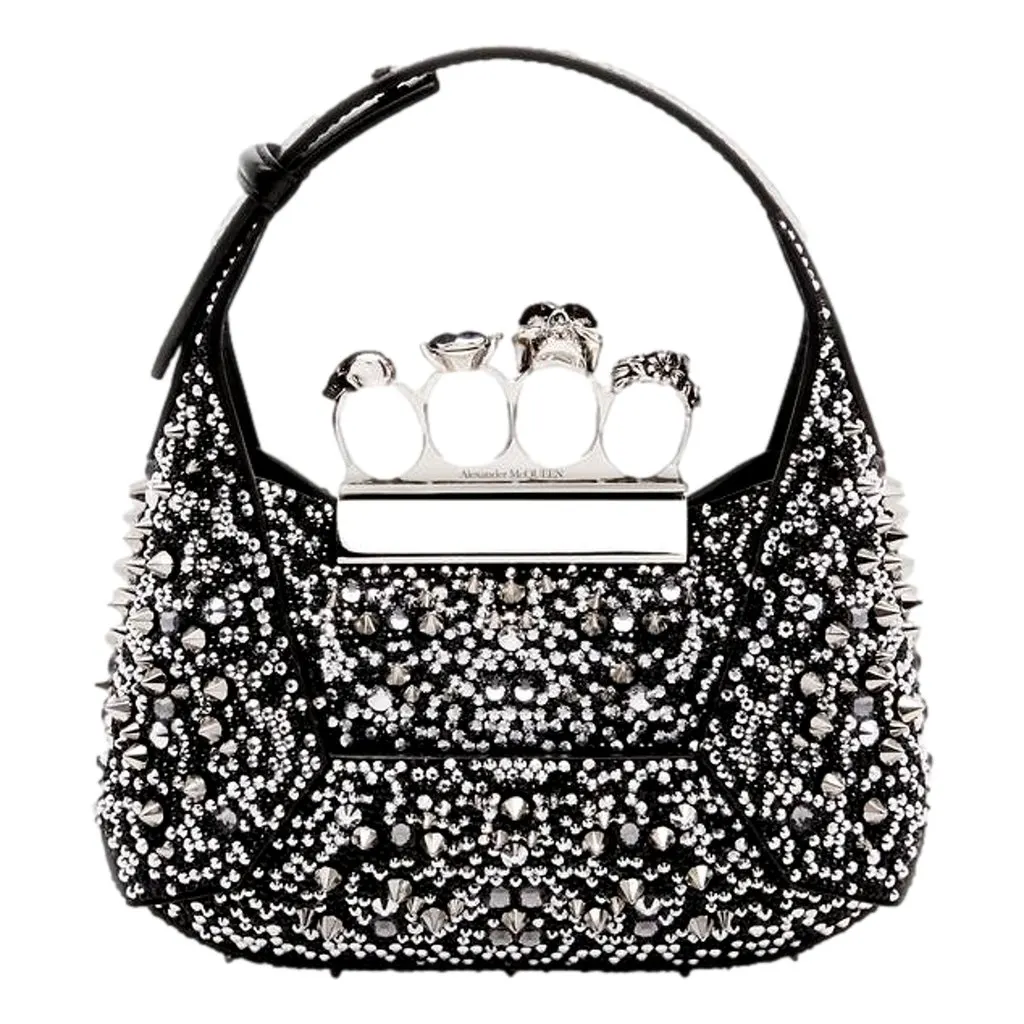 Alexander McQueen Crystal Jewelled Hobo Bag Black Skull Knuckle Handle Black Leather Never worn - Front View