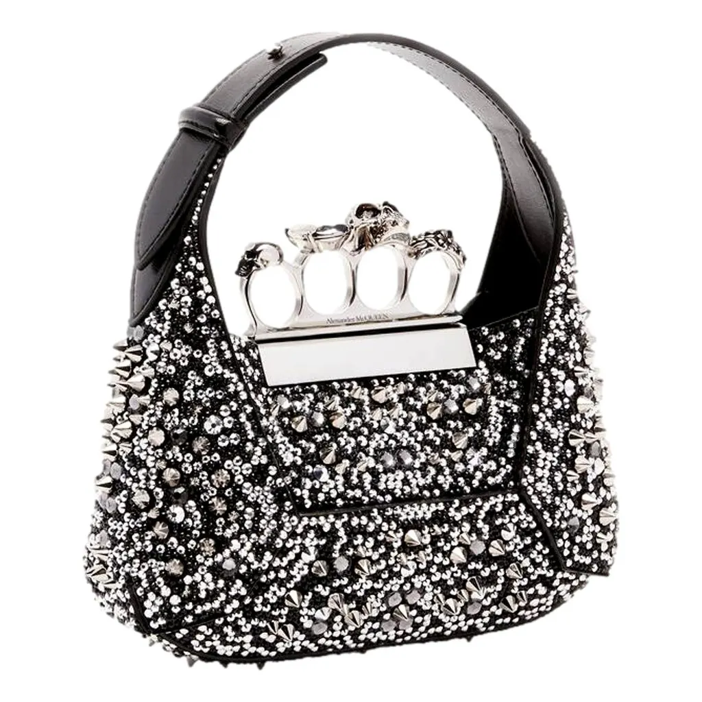 Alexander McQueen Crystal Jewelled Hobo Bag Black Skull Knuckle Handle Black Leather Never worn - Back View