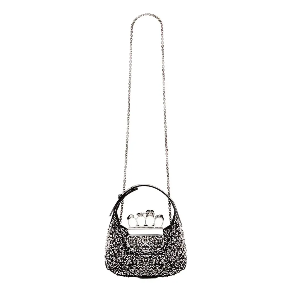 Alexander McQueen Crystal Jewelled Hobo Bag Black Skull Knuckle Handle Black Leather Never worn - Inside View