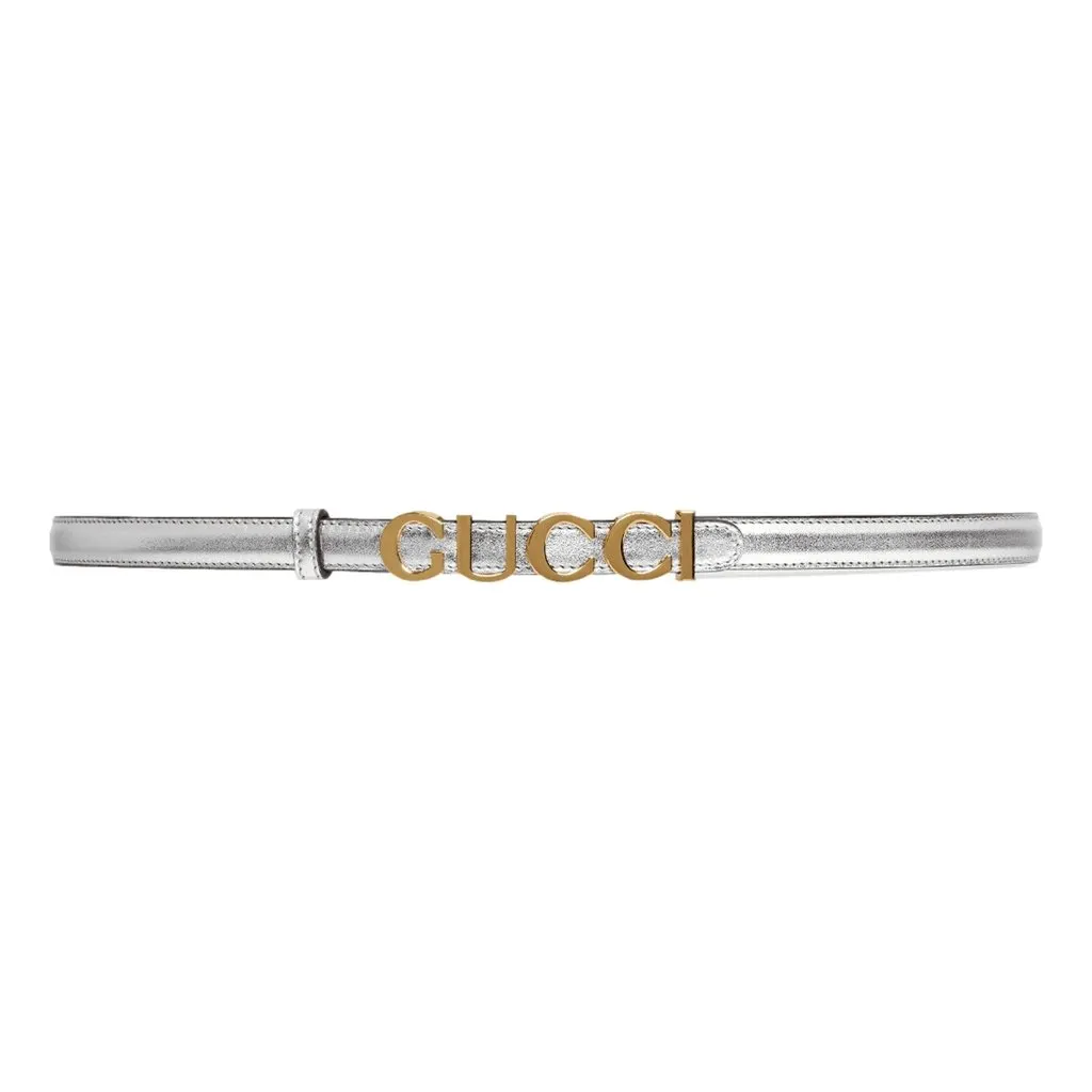 Gucci Silver Leather Belt with Metal Gold Logo Lettering Size 90 Silver Leather Never worn - Front View