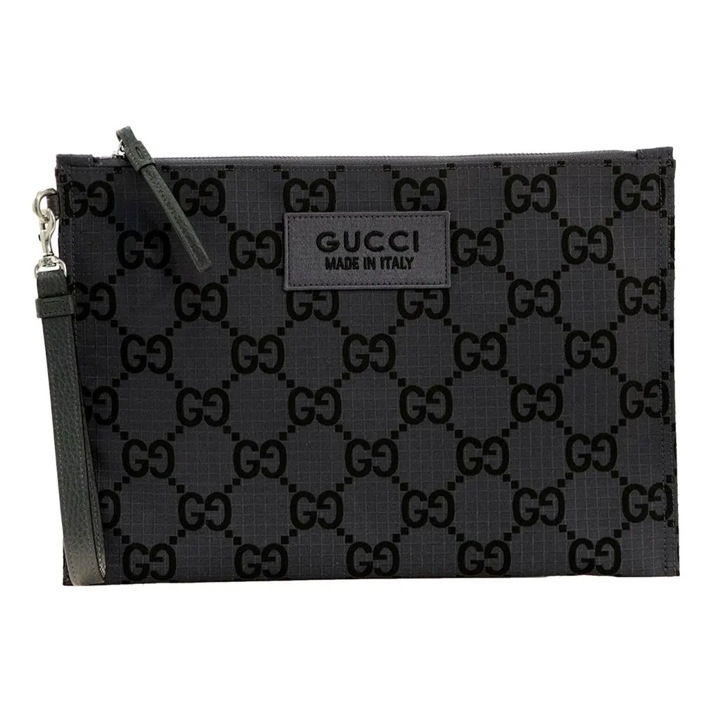 Gucci Ripstop Canvas Jumbo GG Large Clutch Wristlet Gray Black Black Leather Never worn - Front View