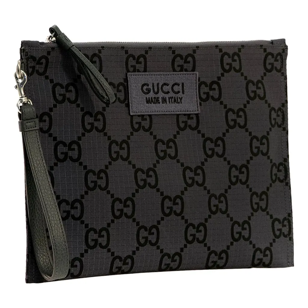 Gucci Ripstop Canvas Jumbo GG Large Clutch Wristlet Gray Black Black Leather Never worn - Back View
