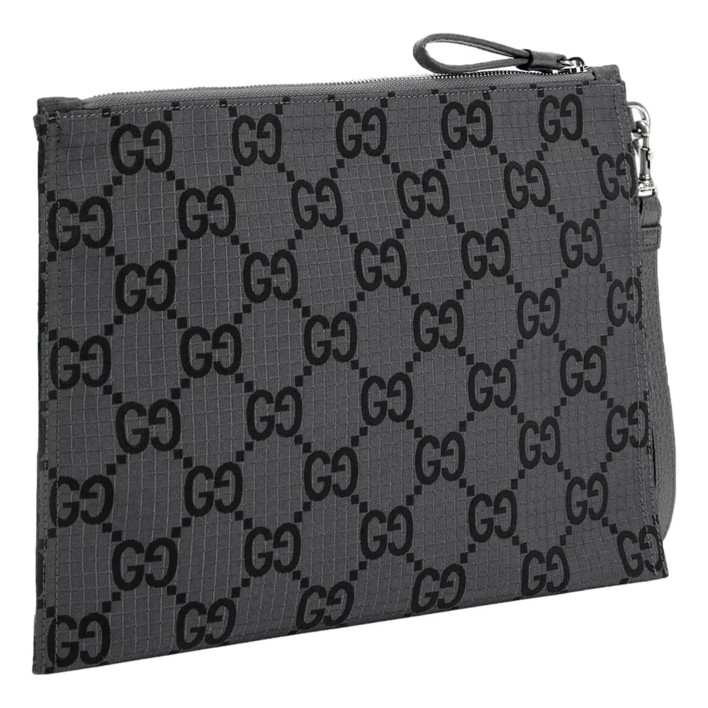 Gucci Ripstop Canvas Jumbo GG Large Clutch Wristlet Gray Black Black Leather Never worn - Inside View
