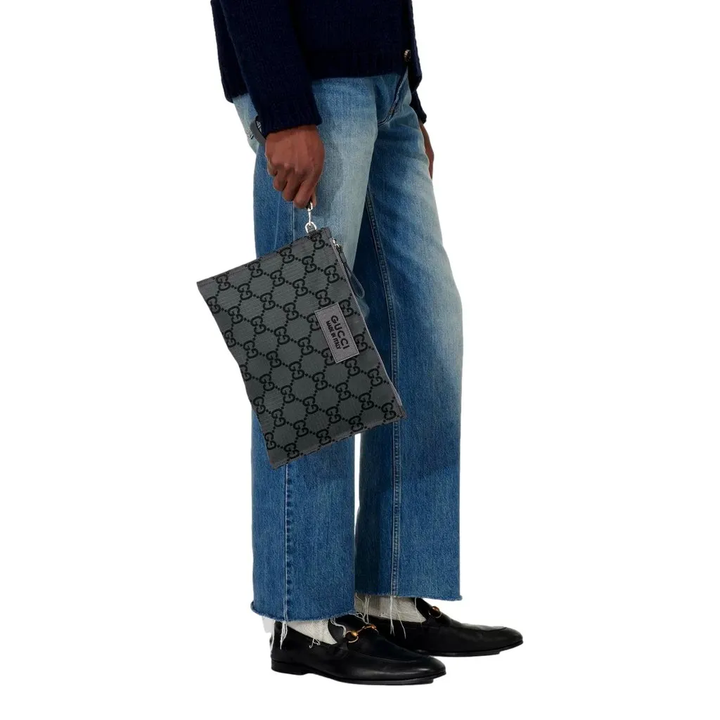 Gucci Ripstop Canvas Jumbo GG Large Clutch Wristlet Gray Black Black Leather Never worn - Box View