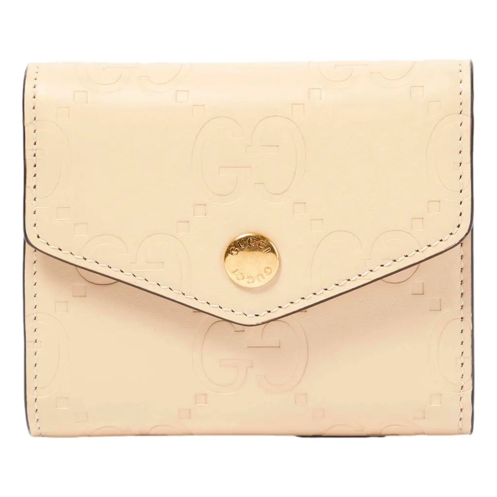 Gucci Gilbert GG Embossed Calf Leather Beige Trifold Wallet Gold Logo White Leather Never worn - Front View