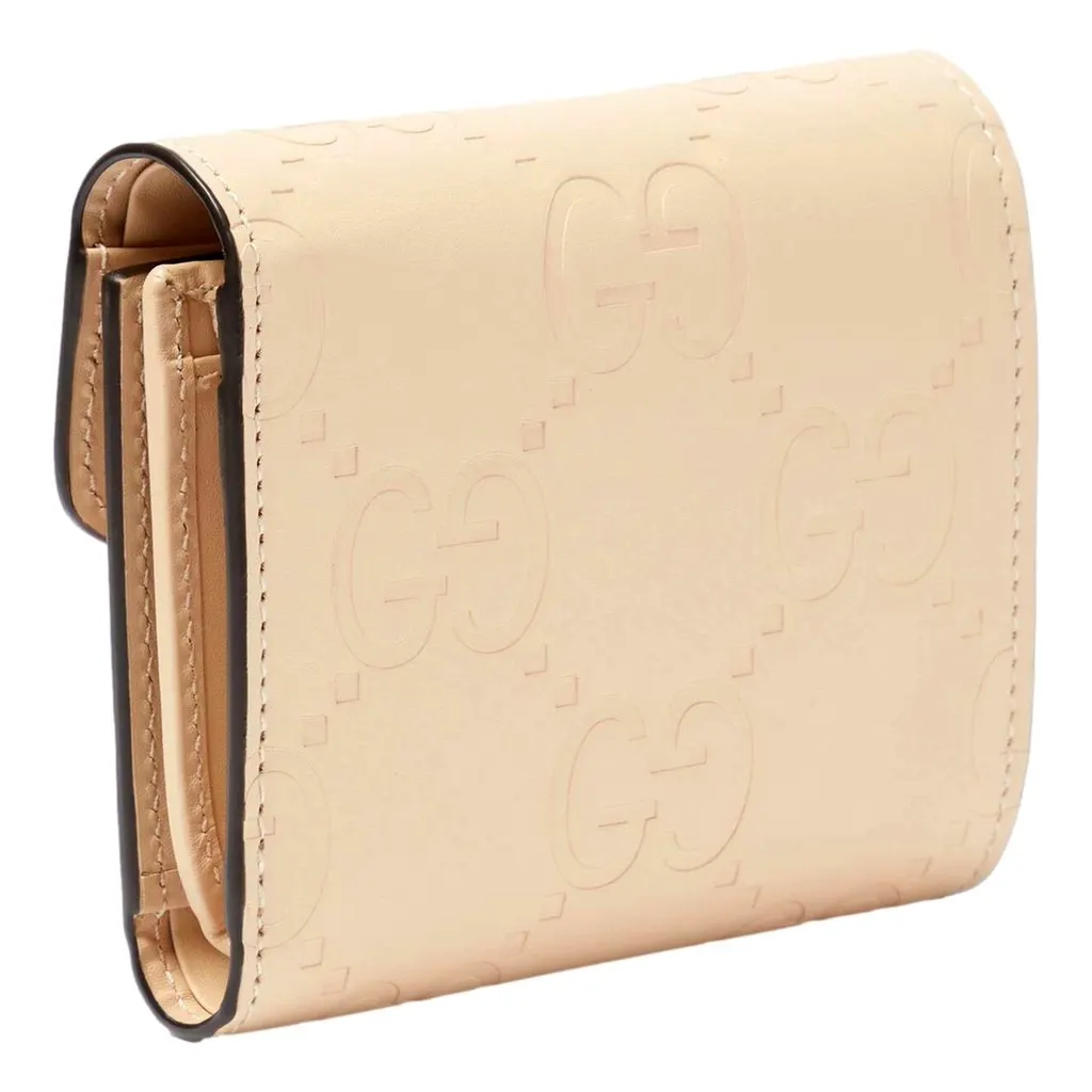 Gucci Gilbert GG Embossed Calf Leather Beige Trifold Wallet Gold Logo White Leather Never worn - Back View