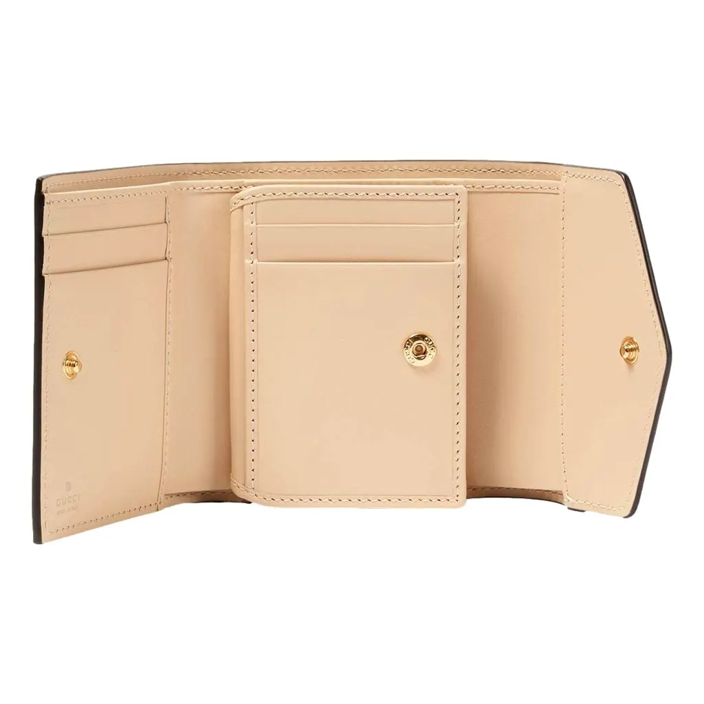 Gucci Gilbert GG Embossed Calf Leather Beige Trifold Wallet Gold Logo White Leather Never worn - Model View