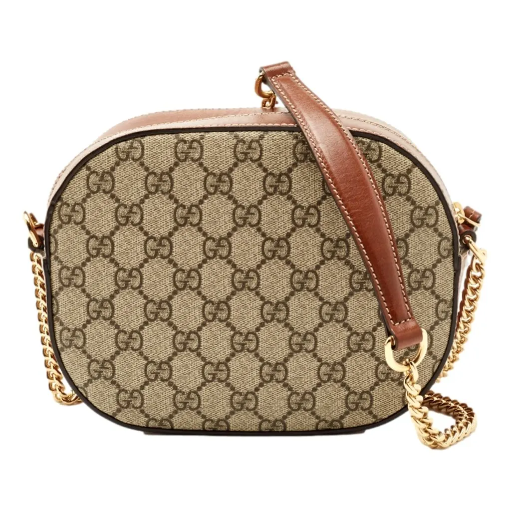 Gucci GG Supreme Canvas Mini Oval Chain Crossbody Bag Brown Leather Trim Brown Leather Never worn - Front View