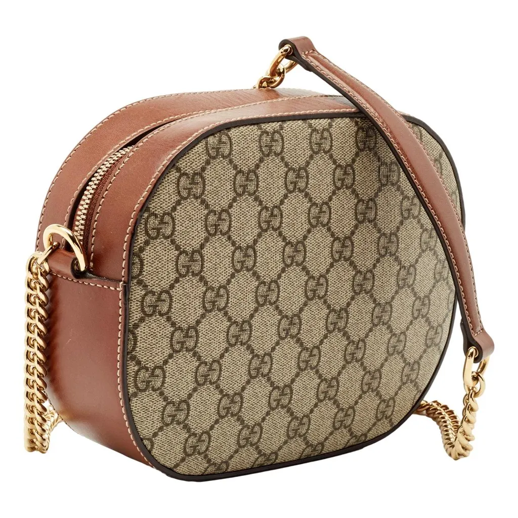 Gucci GG Supreme Canvas Mini Oval Chain Crossbody Bag Brown Leather Trim Brown Leather Never worn - Back View