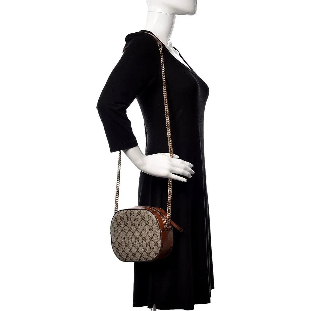 Gucci GG Supreme Canvas Mini Oval Chain Crossbody Bag Brown Leather Trim Brown Leather Never worn - Box View