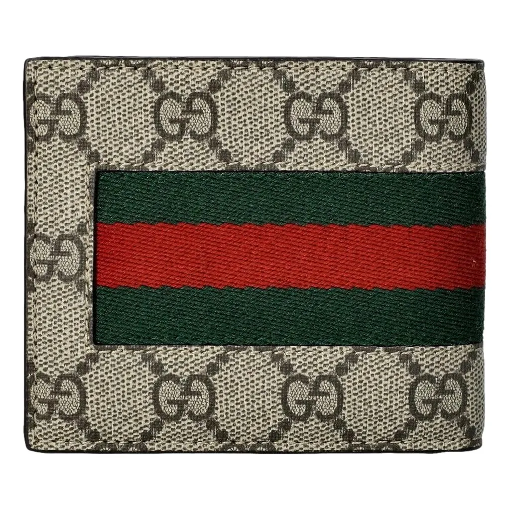 Gucci GG Supreme Canvas Web Stripe Bifold Wallet Brown Leather Never worn - Front View