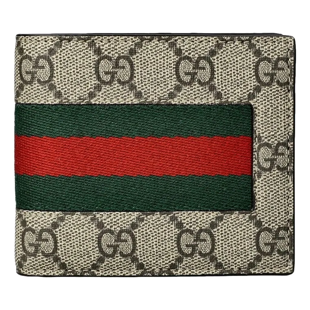 Gucci GG Supreme Canvas Web Stripe Bifold Wallet Brown Leather Never worn - Back View