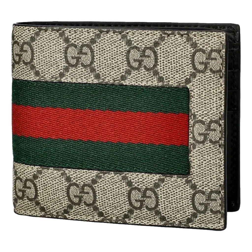 Gucci GG Supreme Canvas Web Stripe Bifold Wallet Brown Leather Never worn - Model View