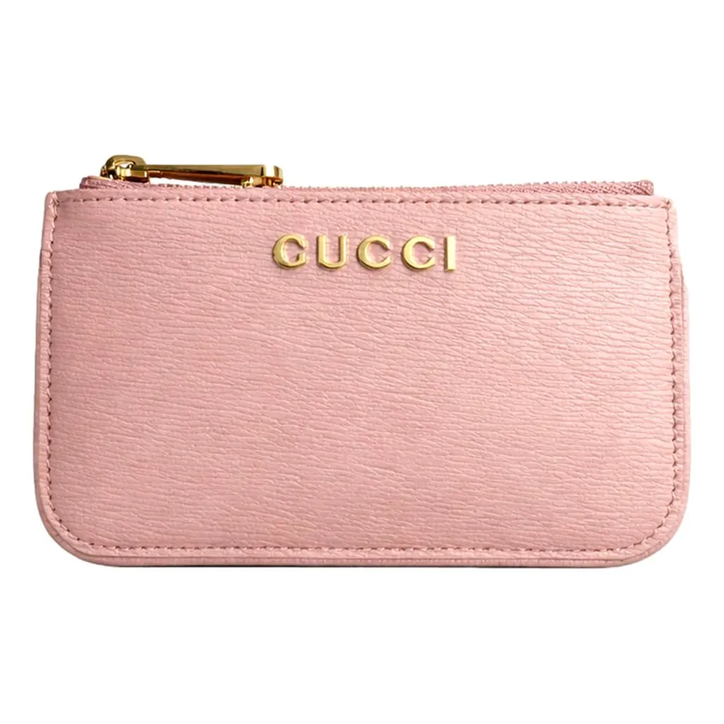 Gucci Zip Key Case Pink Leather Card Holder Gold Logo Script Pink Leather Never worn - Back View