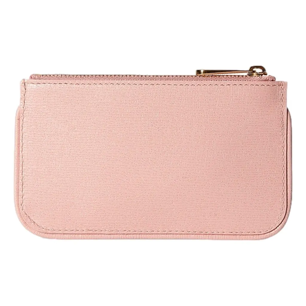 Gucci Zip Key Case Pink Leather Card Holder Gold Logo Script Pink Leather Never worn - Model View