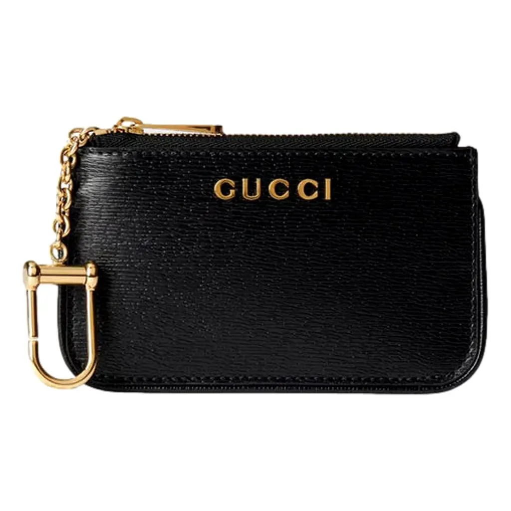 Gucci Zip Key Case Black Leather Card Holder Gold Logo Script Black Leather Never worn - Back View