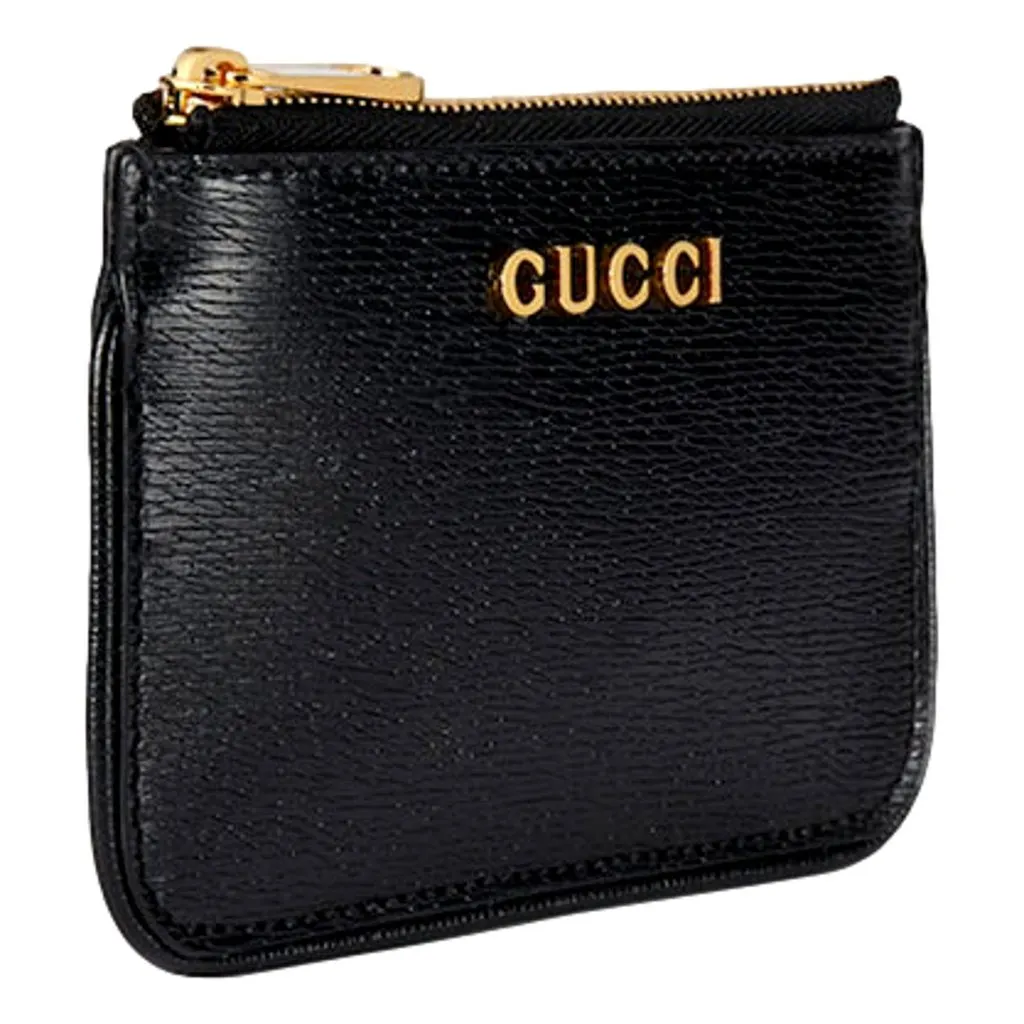 Gucci Zip Key Case Black Leather Card Holder Gold Logo Script Black Leather Never worn - Inside View