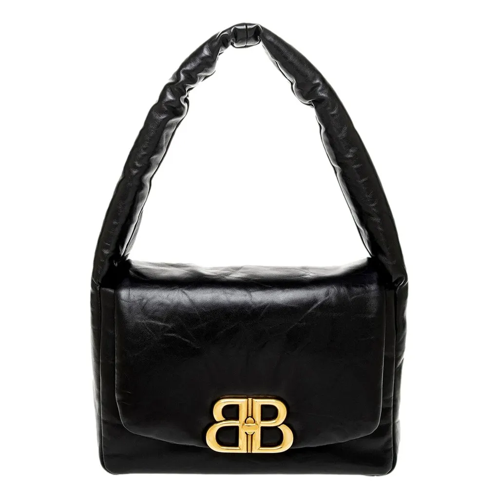Balenciaga Monaco Soft Nappa Leather Shoulder Bag Black Gold Hardware Black Leather Never worn - Front View
