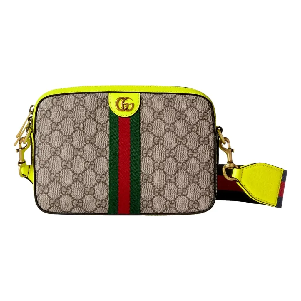 Gucci GG Supreme Canvas Ophidia Small Crossbody Web Stripe Neon Yellow Brown Leather Never worn - Front View