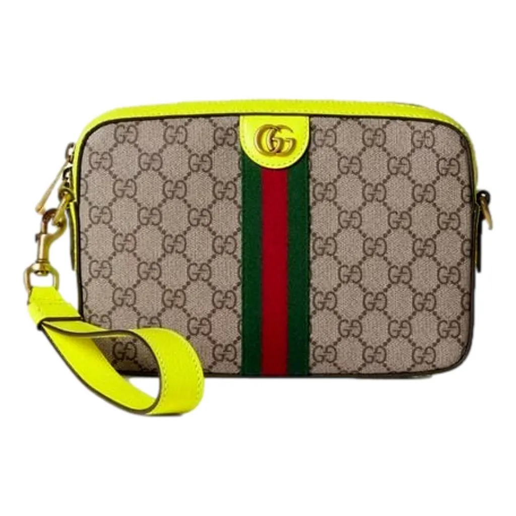 Gucci GG Supreme Canvas Ophidia Small Crossbody Web Stripe Neon Yellow Brown Leather Never worn - Back View