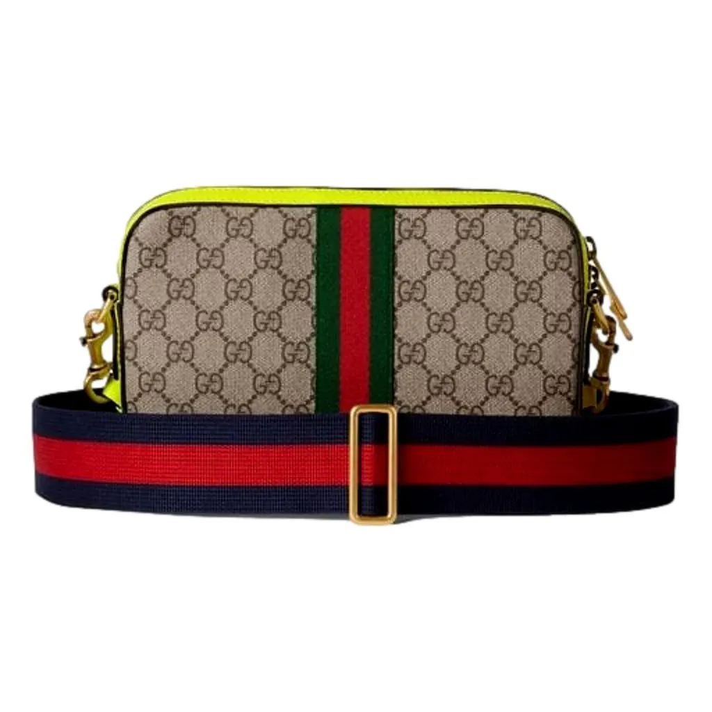 Gucci GG Supreme Canvas Ophidia Small Crossbody Web Stripe Neon Yellow Brown Leather Never worn - Inside View