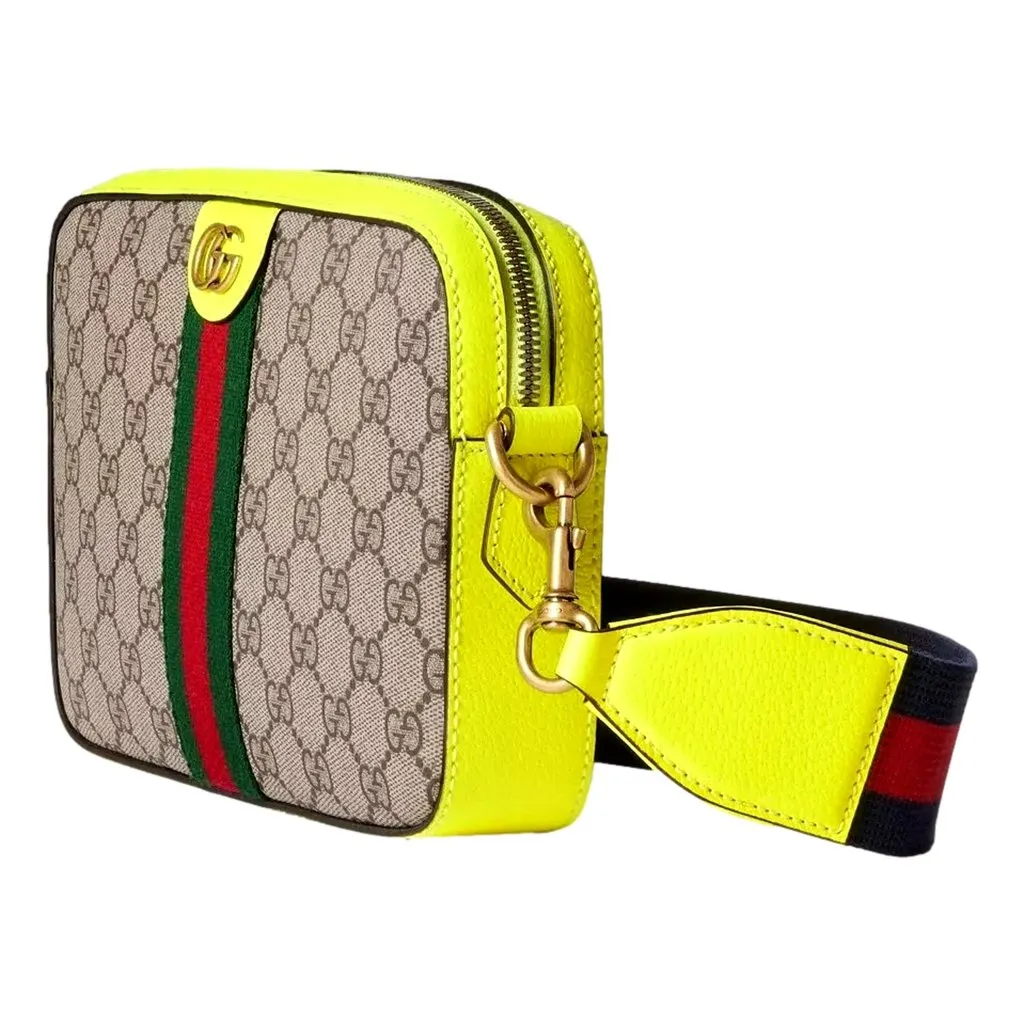 Gucci GG Supreme Canvas Ophidia Small Crossbody Web Stripe Neon Yellow Brown Leather Never worn - Model View