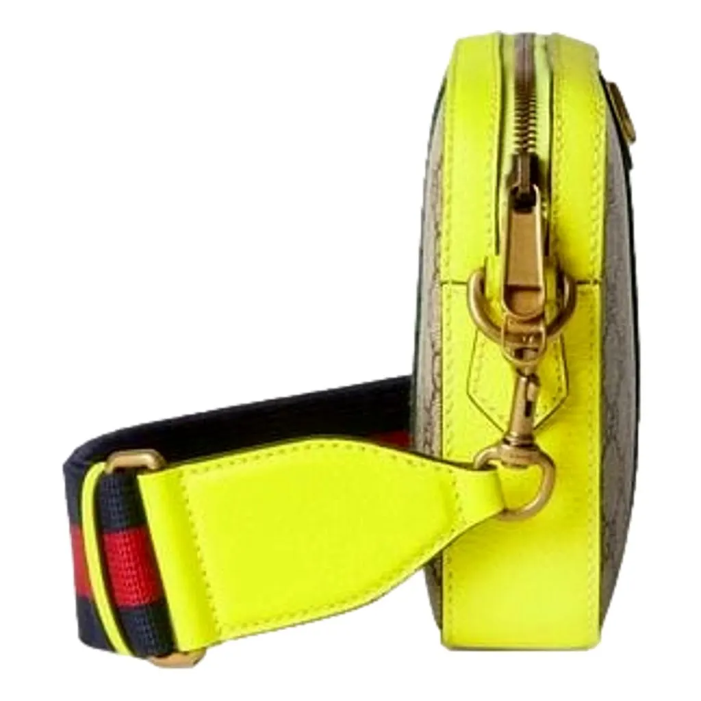 Gucci GG Supreme Canvas Ophidia Small Crossbody Web Stripe Neon Yellow Brown Leather Never worn - Box View
