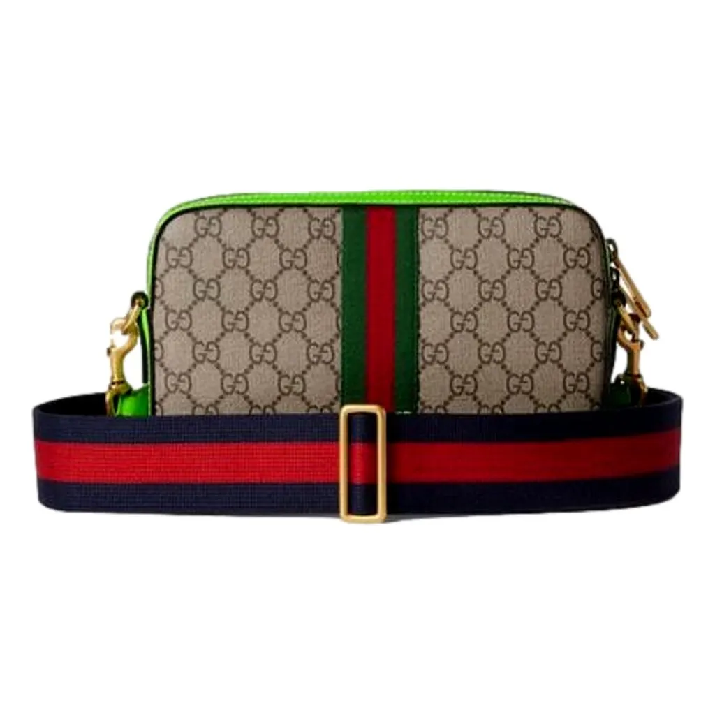 Gucci GG Supreme Canvas Ophidia Small Crossbody Web Stripe Neon Green Brown Leather Never worn - Back View