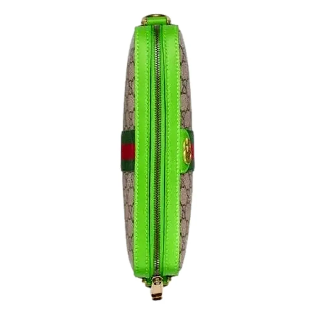 Gucci GG Supreme Canvas Ophidia Small Crossbody Web Stripe Neon Green Brown Leather Never worn - Inside View