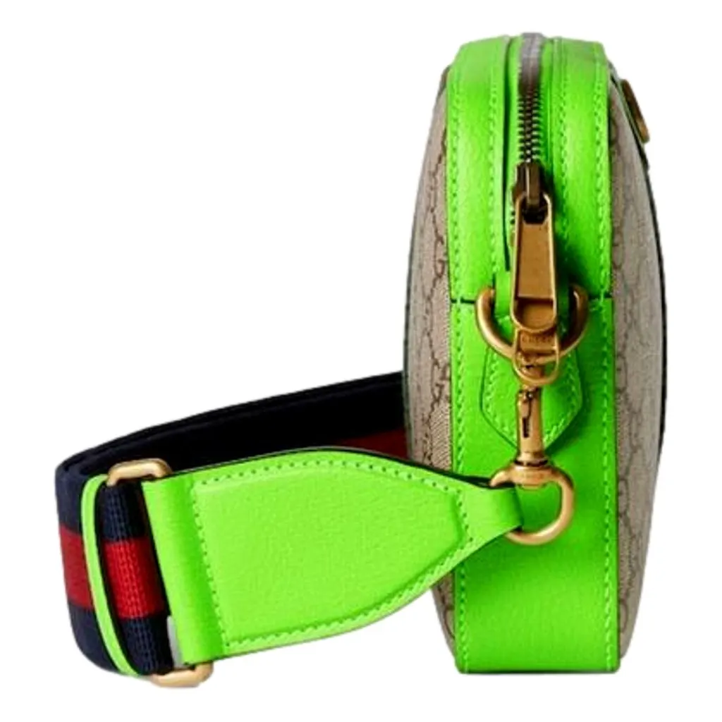 Gucci GG Supreme Canvas Ophidia Small Crossbody Web Stripe Neon Green Brown Leather Never worn - Model View