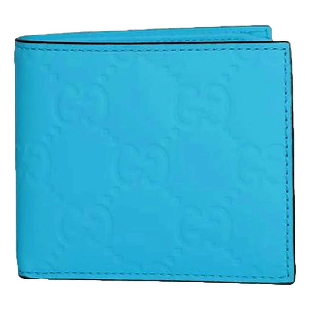 Gucci GG Embossed Leather Bifold Wallet in Neon Blue Rubber Effect Finish Blue Leather Never worn - Front View