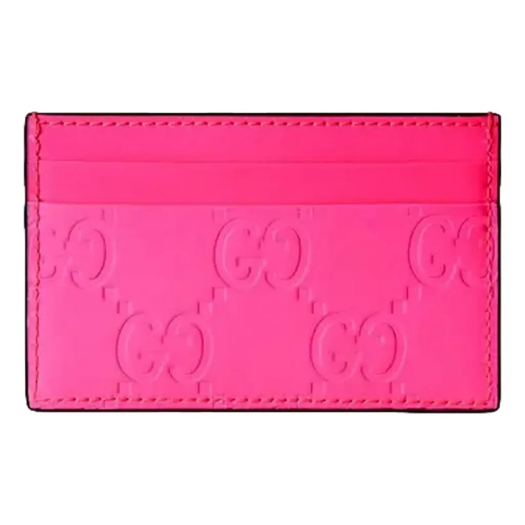 Gucci GG Leather Rubber Effect Neon Pink Card Holder Wallet Pink Leather Never worn - Front View