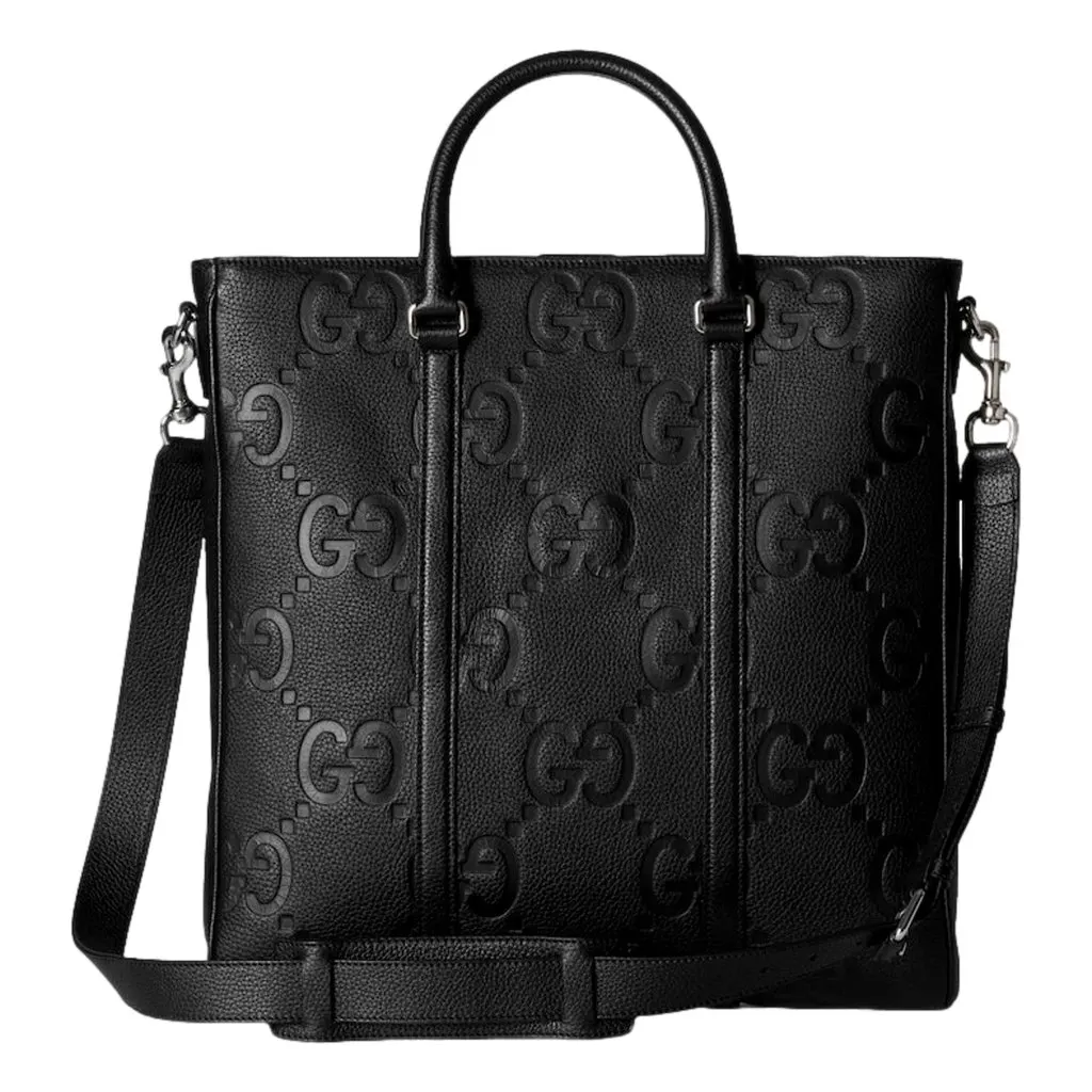 Gucci Jumbo GG Embossed Black Leather Tote Bag Large Monogram Handbag Black Leather Never worn - Front View