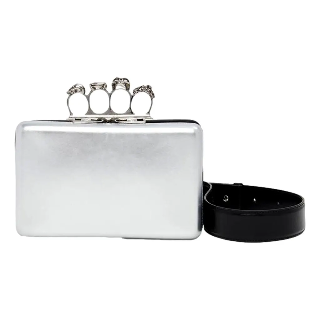Alexander McQueen The Knuckle Silver Metallic Leather Zip Around Crossbody Bag Skull Silver Leather Never worn - Front View