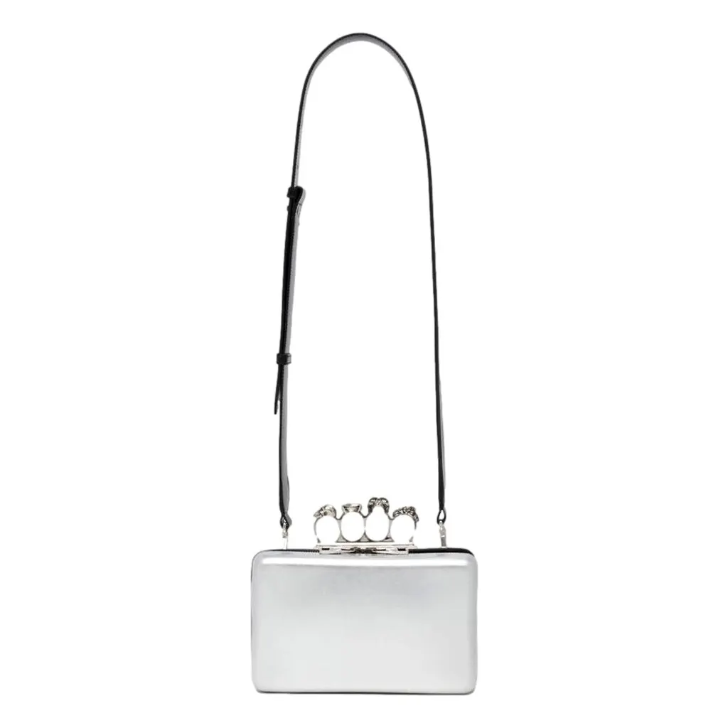 Alexander McQueen The Knuckle Silver Metallic Leather Zip Around Crossbody Bag Skull Silver Leather Never worn - Inside View