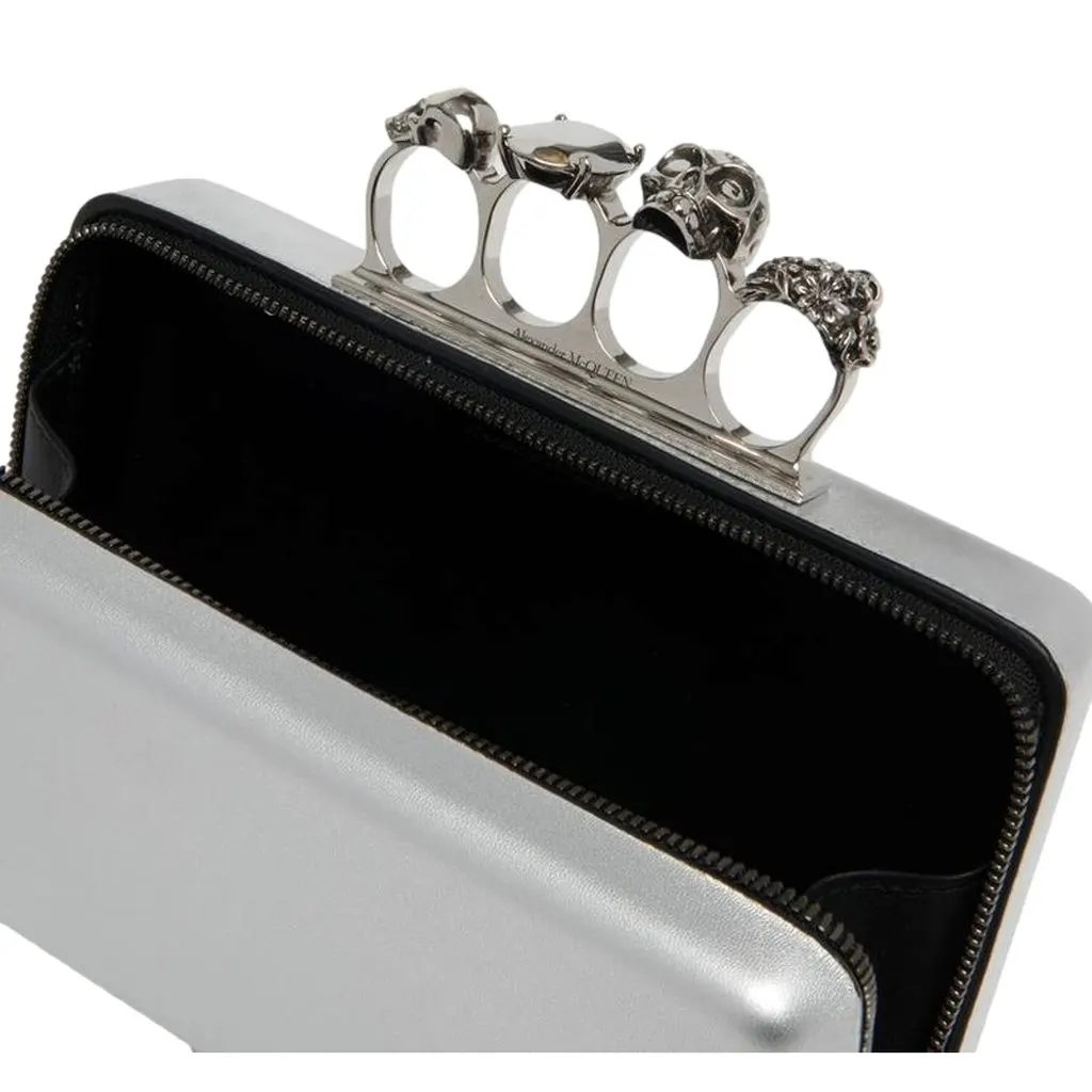 Alexander McQueen The Knuckle Silver Metallic Leather Zip Around Crossbody Bag Skull Silver Leather Never worn - Model View