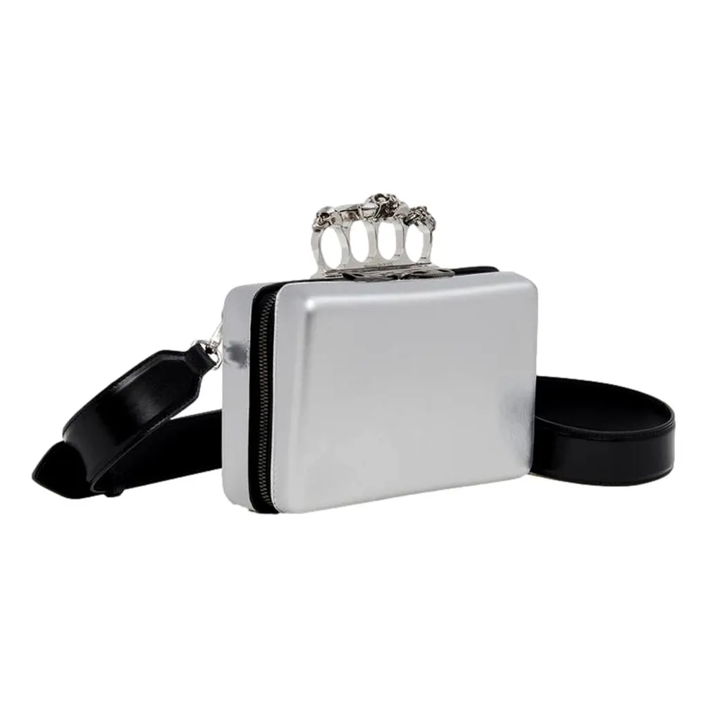 Alexander McQueen The Knuckle Silver Metallic Leather Zip Around Crossbody Bag Skull Silver Leather Never worn - Box View
