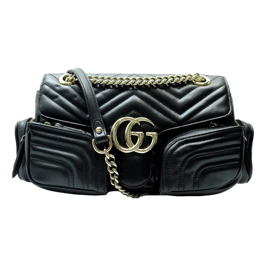 Gucci GG Marmont Dual Compartment Black Leather Shoulder Bag Gold Logo Black Leather Never worn - Front View