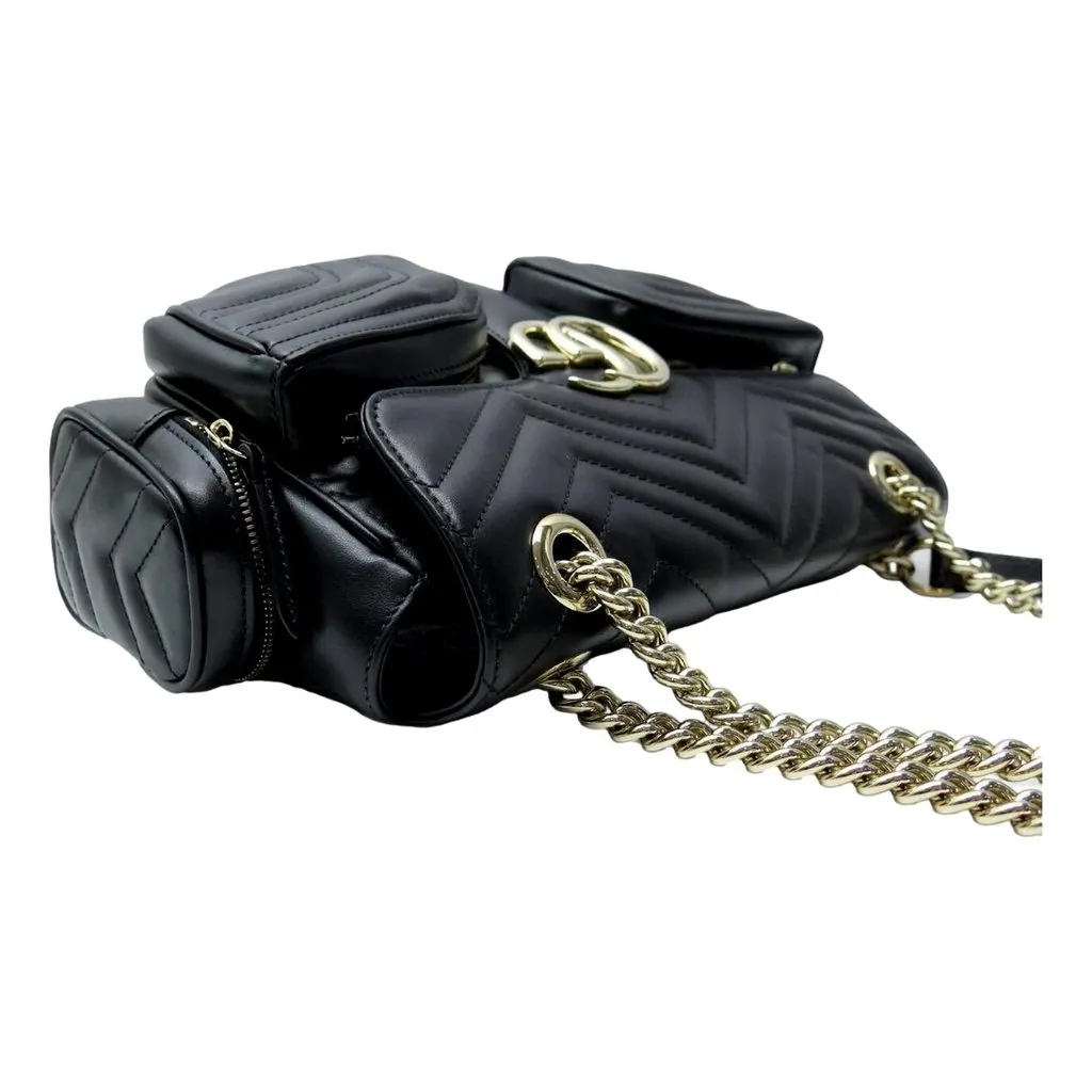 Gucci GG Marmont Dual Compartment Black Leather Shoulder Bag Gold Logo Black Leather Never worn - Model View