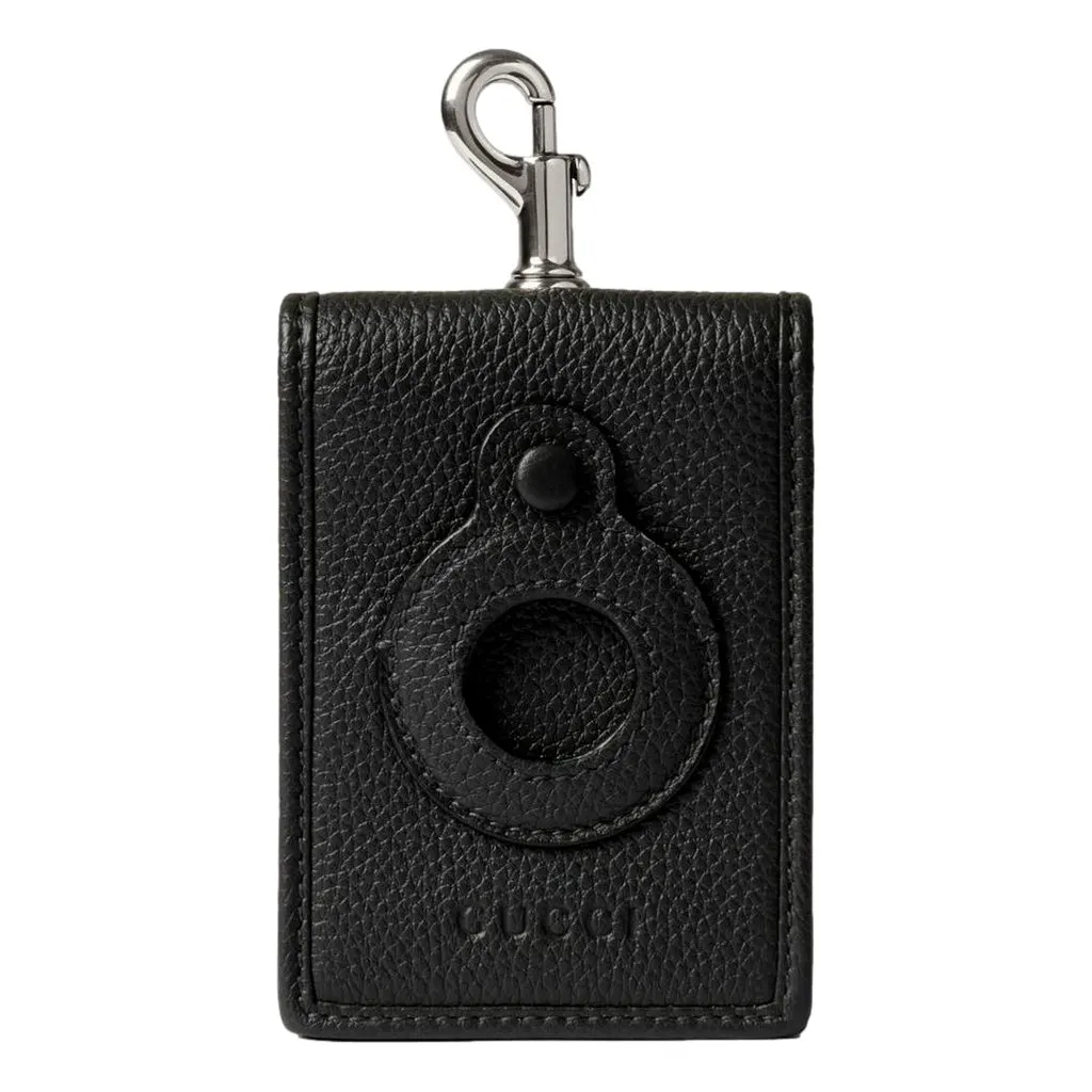 Gucci Grained Leather AirTag Holder Folding Card Case Wallet in Dark Gray Black Leather Never worn - Front View