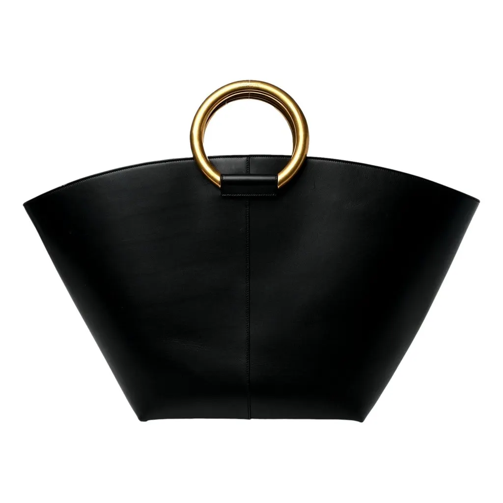 Saint Laurent Maxi Ring Handle Tote in Black Smooth Leather with Gold-Tone Ring Hardware Large Black Leather Never worn - Front View