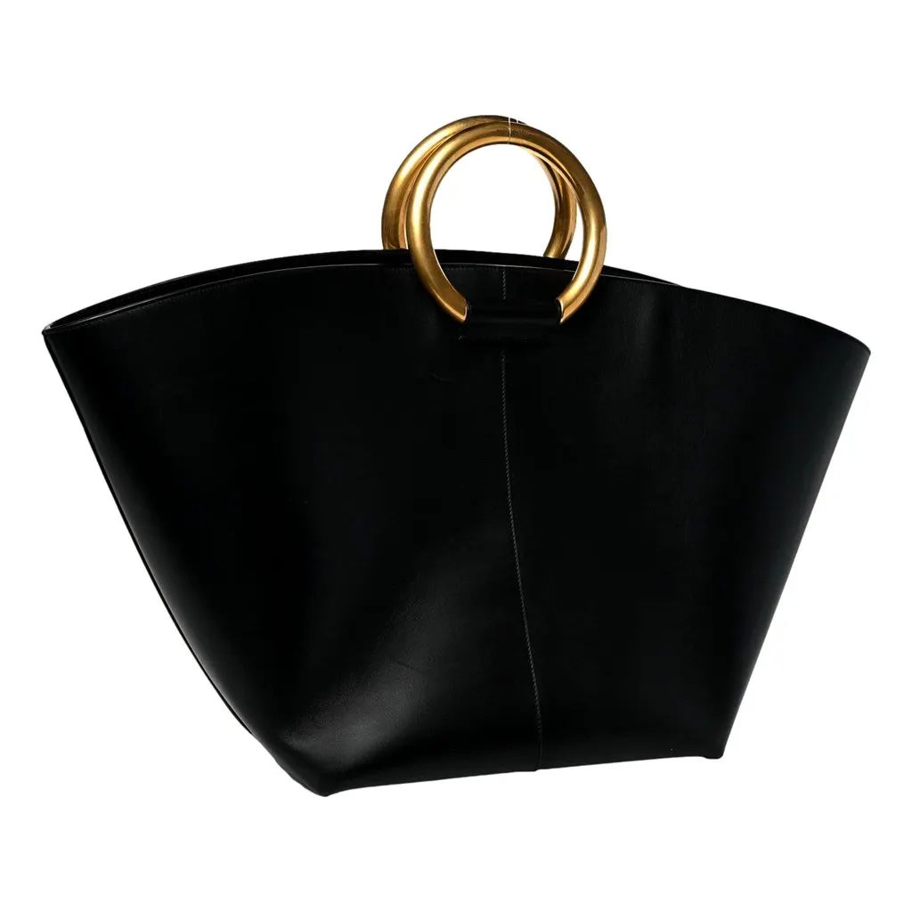 Saint Laurent Maxi Ring Handle Tote in Black Smooth Leather with Gold-Tone Ring Hardware Large Black Leather Never worn - Back View