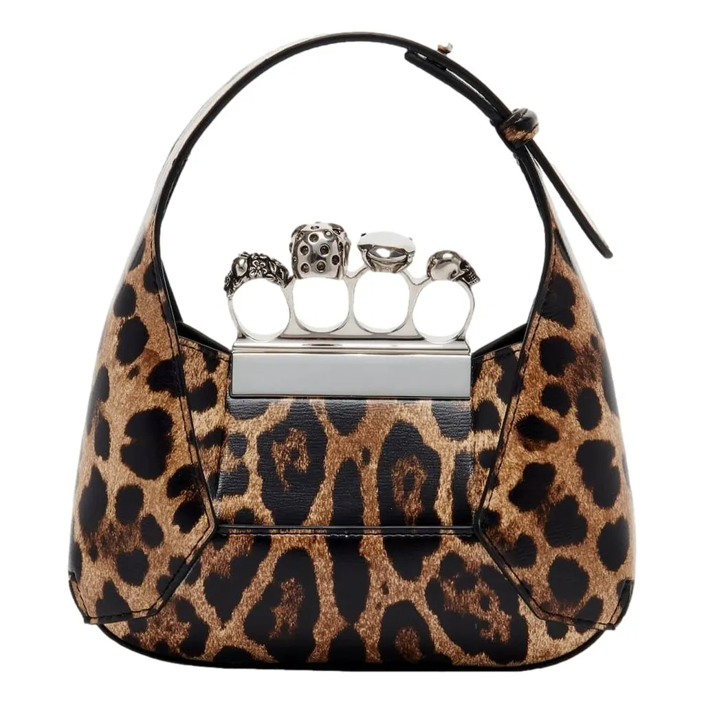 Alexander McQueen Leopard Print Jewelled Shoulder Bag Skull Knuckle Brown Leather Never worn - Front View