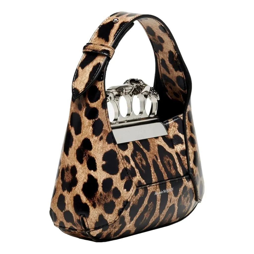 Alexander McQueen Leopard Print Jewelled Shoulder Bag Skull Knuckle Brown Leather Never worn - Back View