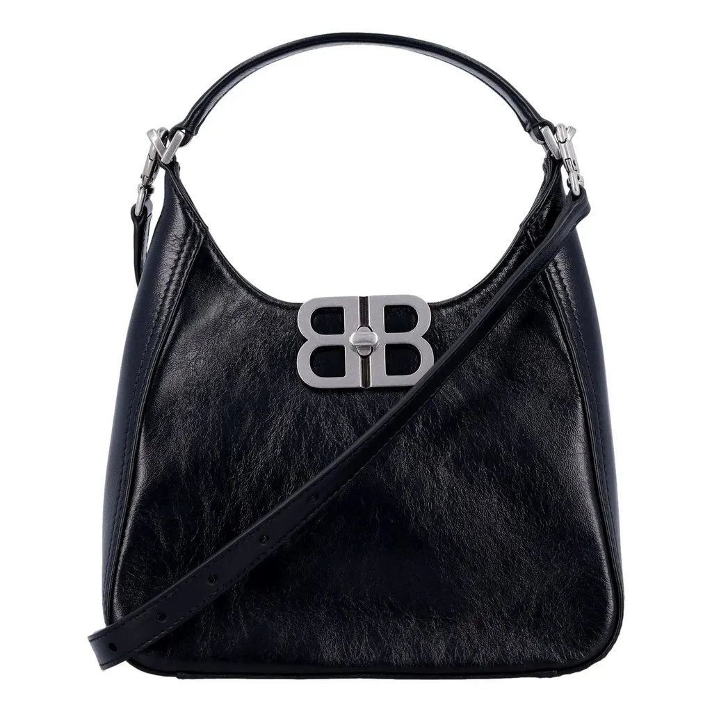 Balenciaga BB Soft Hobo Mini Black Smooth Calfskin Leather Shoulder Crossbody Bag Beige Leather Never worn - Front View