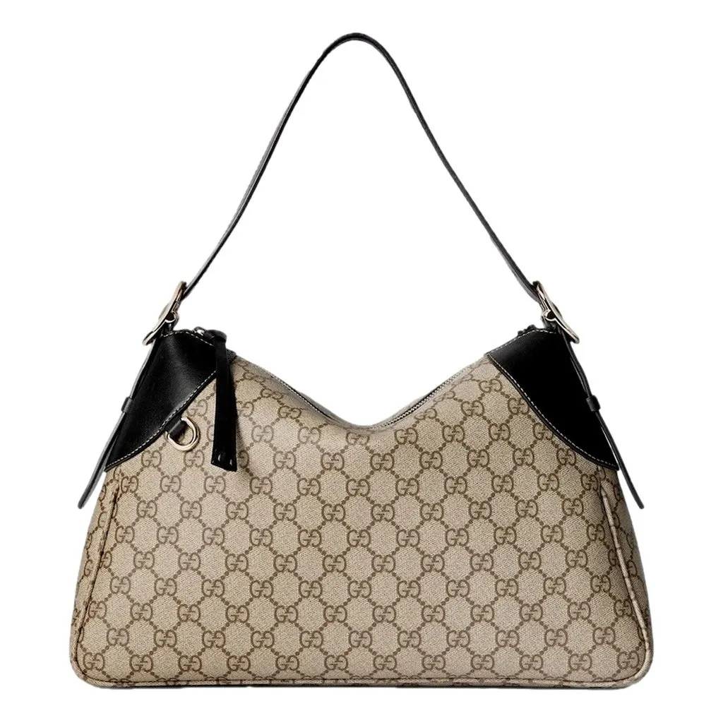 Gucci GG Emblem Surpeme Canvas Medium Leather Shoulder Bag Black Beige Brown Leather Never worn - Front View