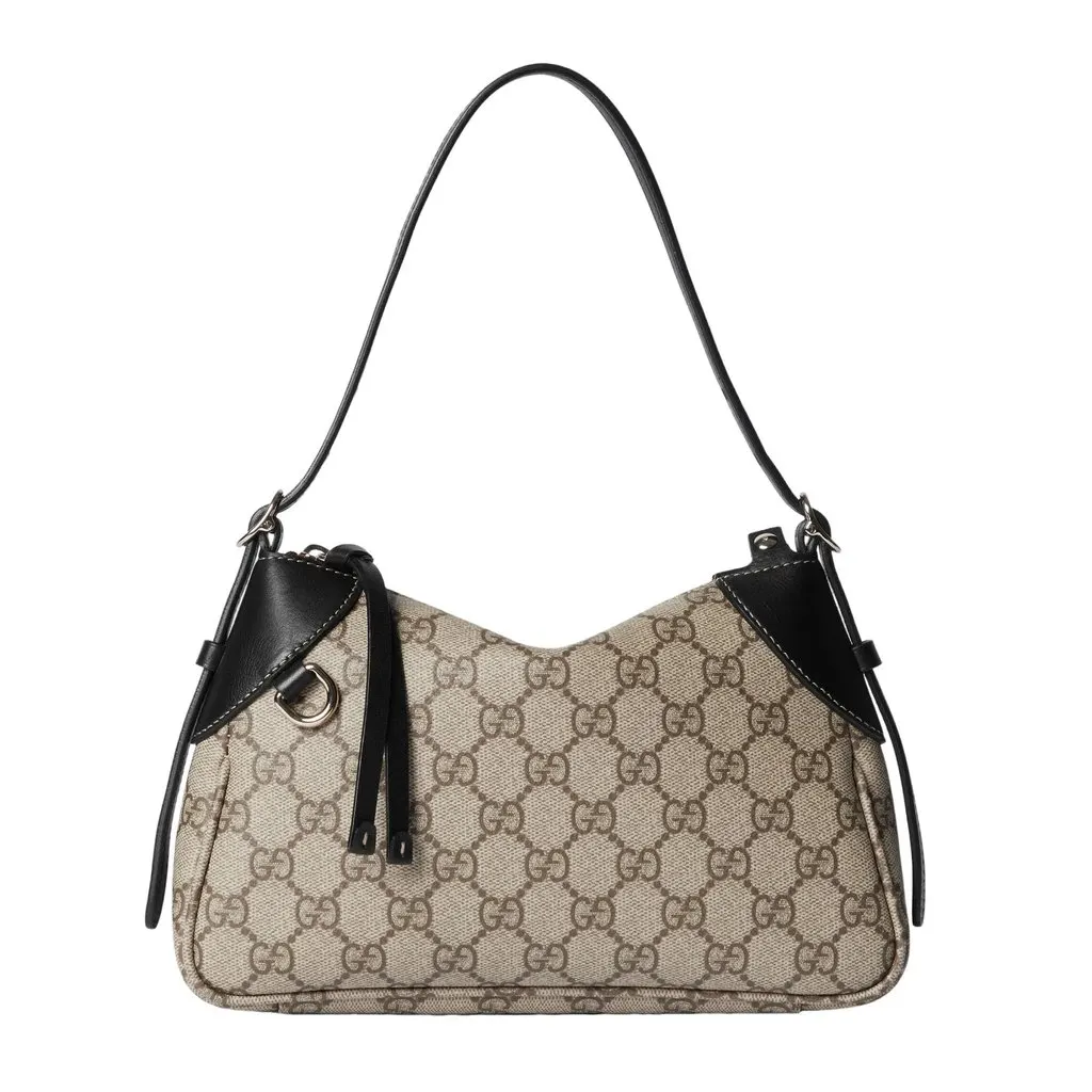 Gucci GG Emblem Supreme Canvas Leather Shoulder Bag Black Beige Beige Leather Never worn - Front View