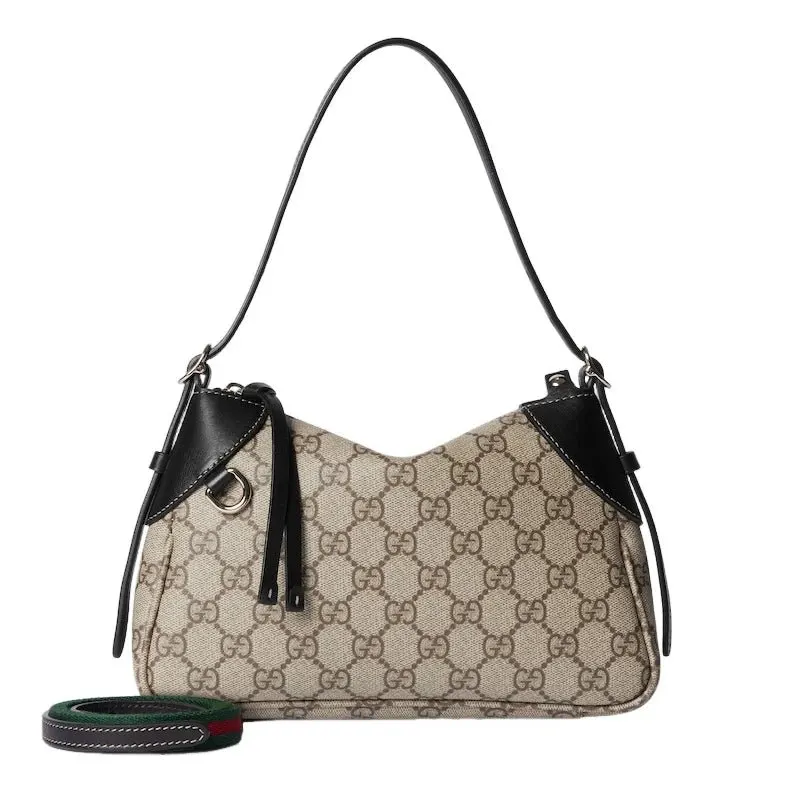 Gucci GG Emblem Supreme Canvas Leather Shoulder Bag Black Beige Beige Leather Never worn - Back View