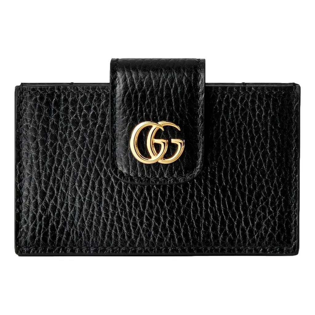 Gucci GG Marmont Leather Card Case Wallet with Gold Double G Snap Closure Black Leather Never worn - Front View