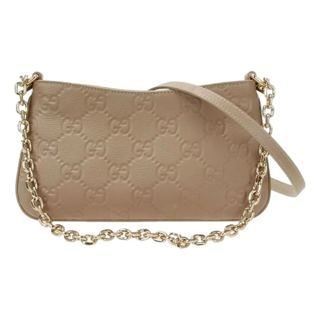 Gucci GG Logo Small Leather Shoulder Bag with Chain Strap in Beige Brown Leather Never worn - Front View